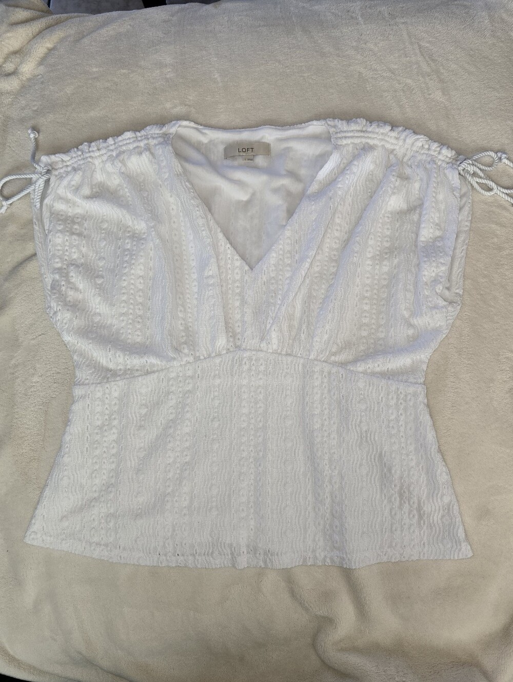 LOFT White Eyelet V-Neck Tie-Shoulder Peplum Top